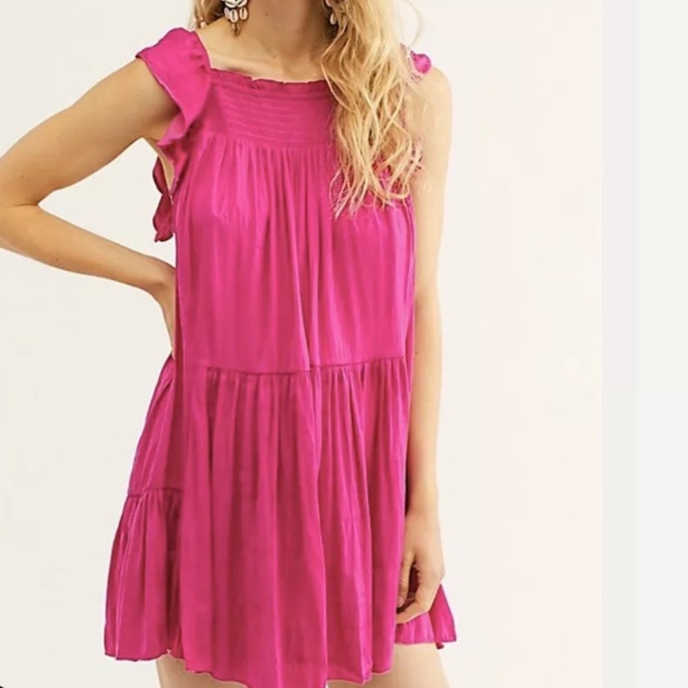 Women's Fuchsia Ruffle Shoulder Tiered Dress